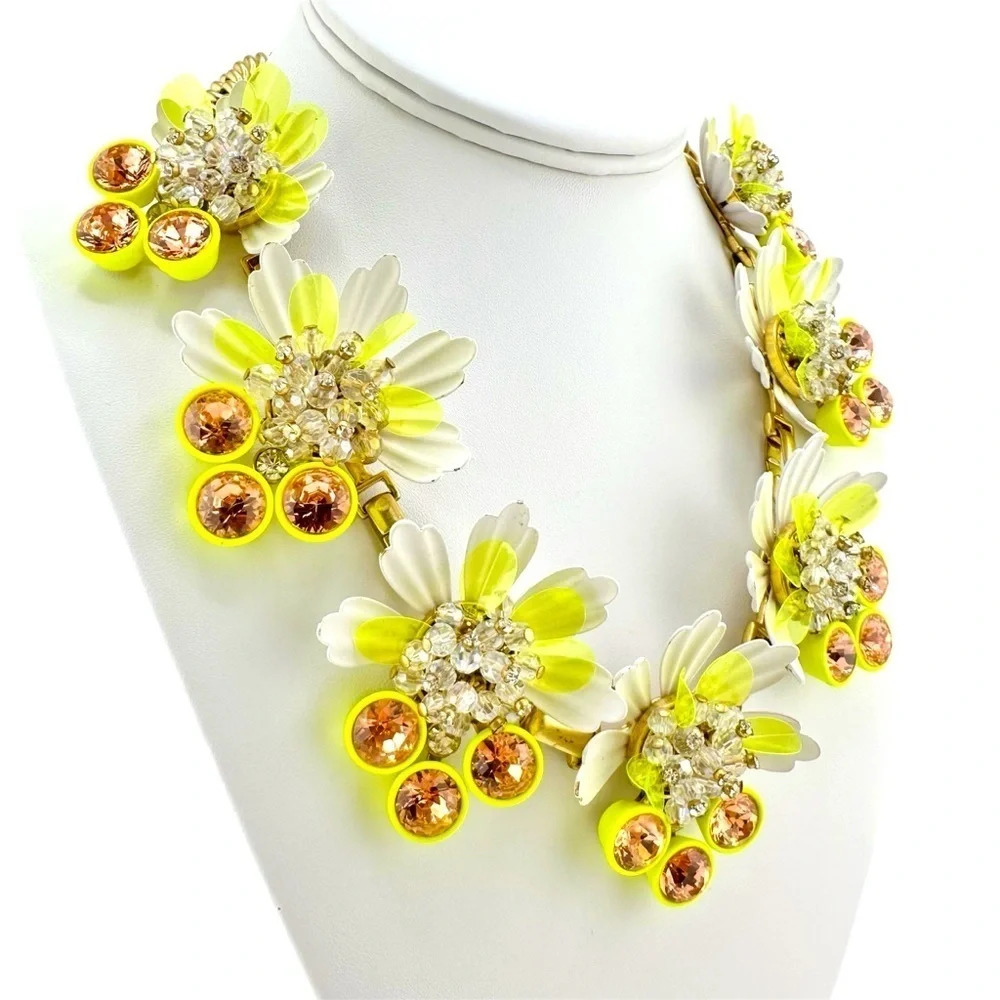 J. Crew RARE Brulee Yellow White Enamel Flower Petal Statement Necklace
